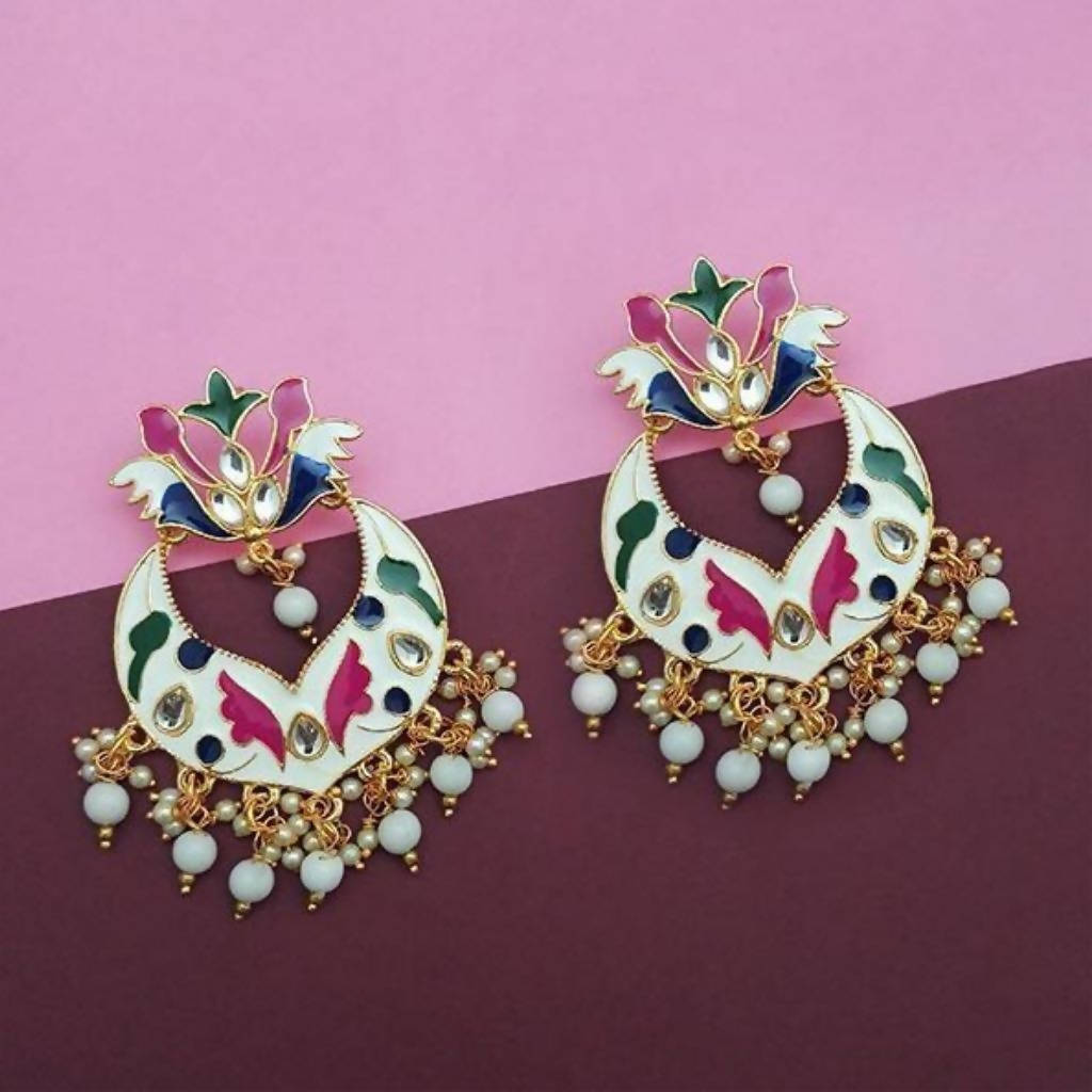 Tip Top Fashions White Meenakari And Beads Kundan Dangler Earrings