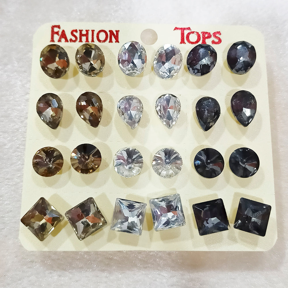 Urthn Set of 12 Elegant Crystal Stone Multi Shapes Stud Earrings Combo (Pack Of 6)