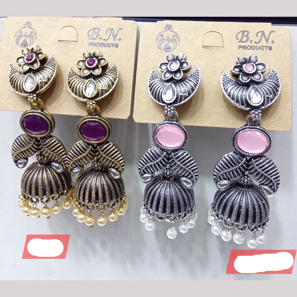 Tip Top Jewellers Royal Pota Stone And Pearl Designer Jhumki Earrings (Assorted Color)  (Pack of 12)