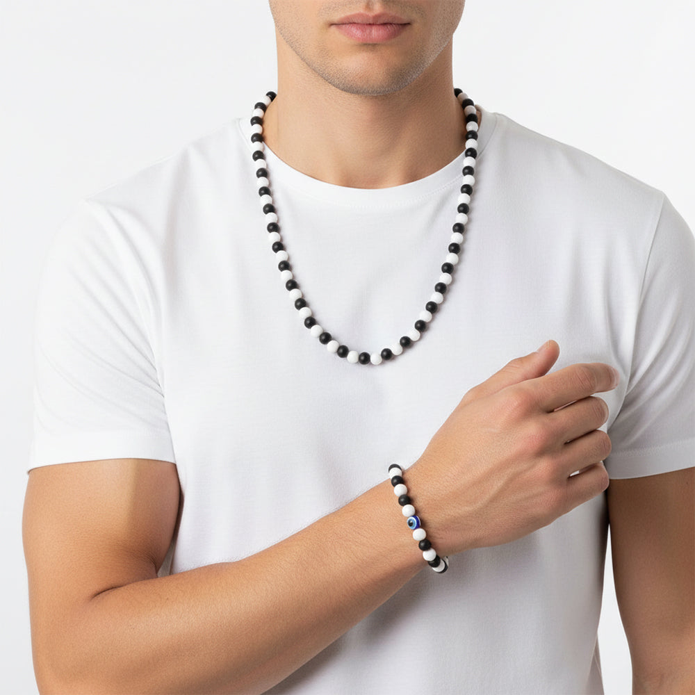 Urthn Designer Black & White Beads Mala with Bracelet for Men