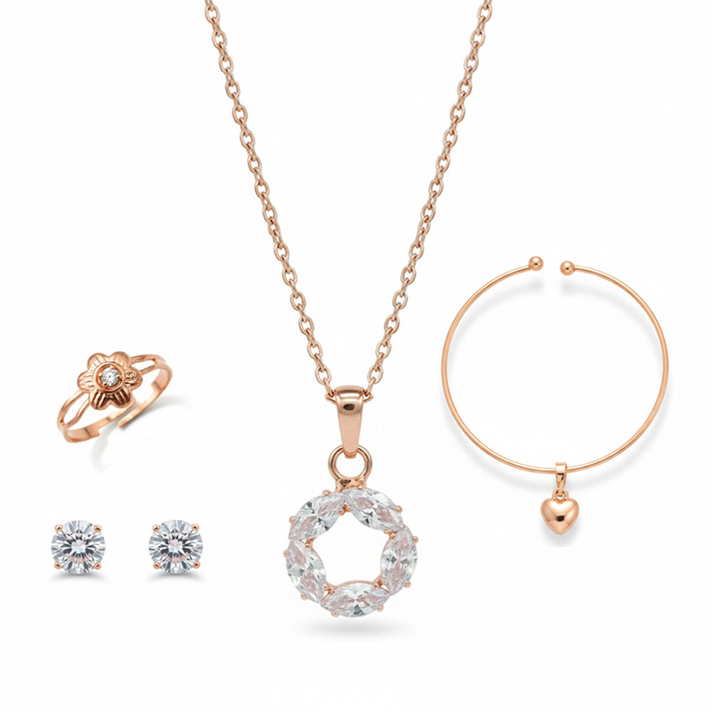Urthn Rose Gold Plated Chain Pendant Earrings Rings And Bracelet Jewellery Combo Set (Pack Of 6)