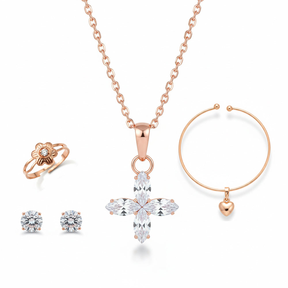 Urthn Rose Gold Plated Chain Pendant Earrings Rings And Bracelet Jewellery Combo Set (Pack Of 6)