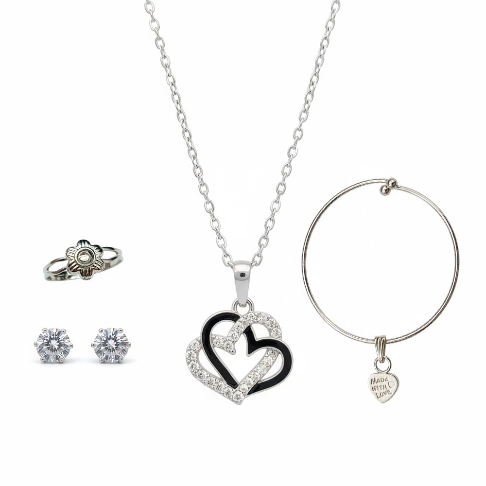 Urthn Silver Plated Heart Chain Pendant Earrings Rings And Bracelet Jewellery Combo Set (Pack Of 6)