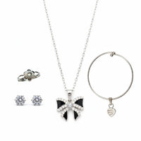 Urthn Silver Plated Bow Chain Pendant Earrings Rings And Bracelet Jewellery Combo Set (Pack Of 6)