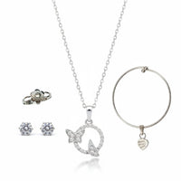 Urthn Silver Plated Butterfly Chain Pendant Earrings Rings And Bracelet Jewellery Combo Set (Pack Of 6)