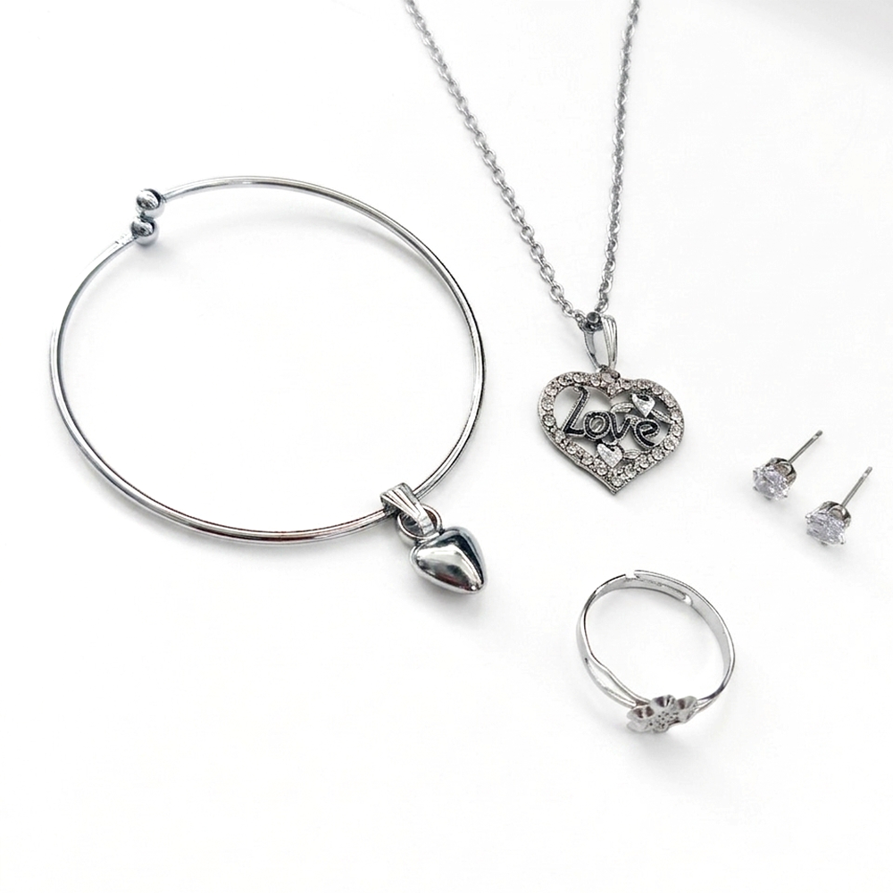 Urthn  Silver Plated Chain Pendant Earrings Rings And Bracelet Jewellery Combo Set (Pack of 6)