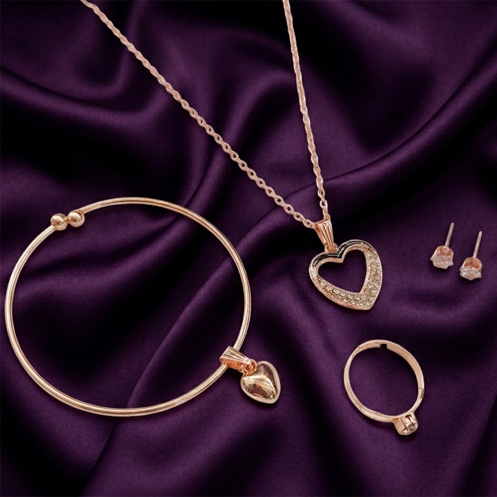 Urthn  Rose Gold Plated Chain Pendant Earrings Rings And Bracelet Jewellery Combo Set (Pack of 6)