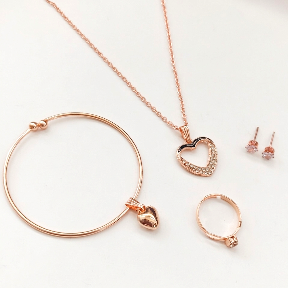 Urthn  Rose Gold Plated Chain Pendant Earrings Rings And Bracelet Jewellery Combo Set (Pack of 6)