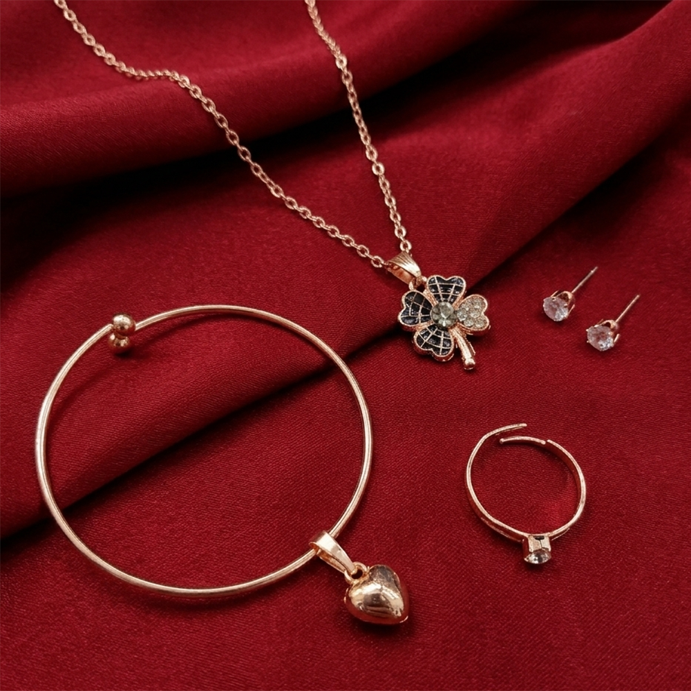 Urthn  Rose Gold Plated Chain Pendant Earrings Rings And Bracelet Jewellery Combo Set (Pack of 6)