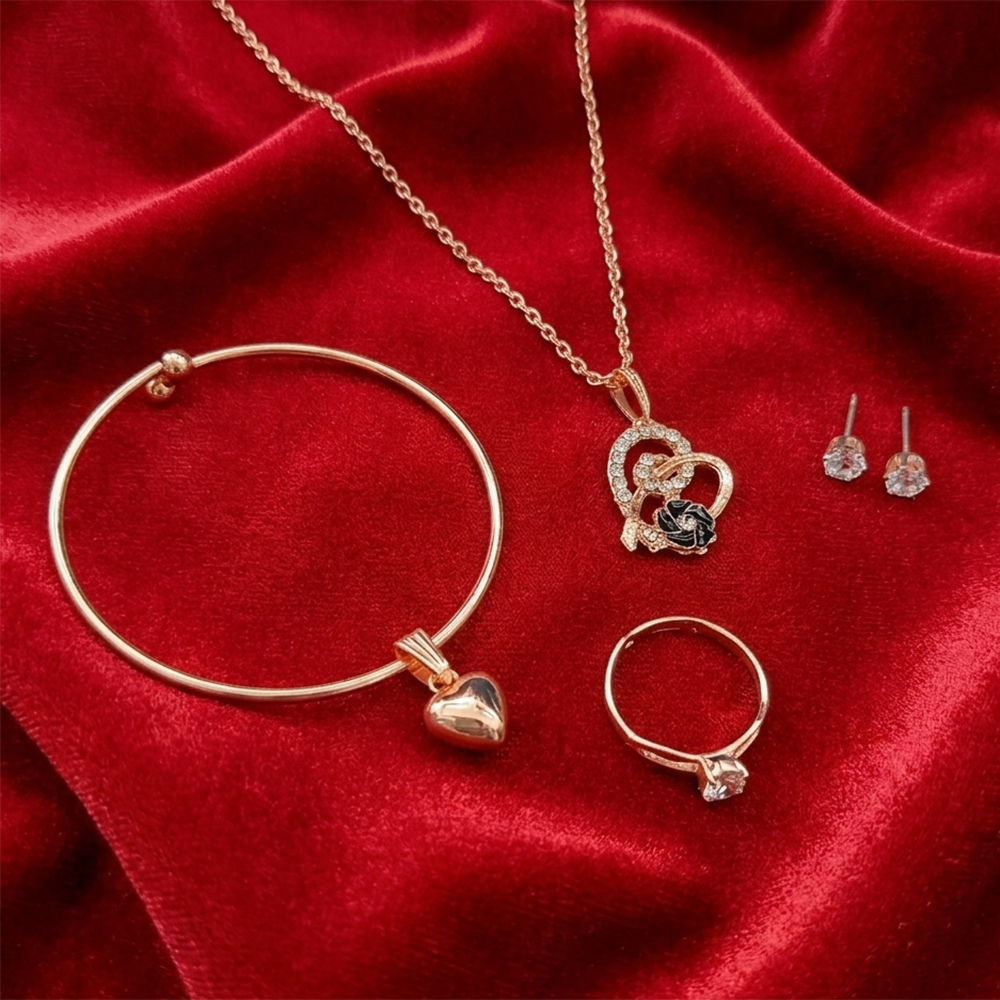 Urthn  Rose Gold Plated Chain Pendant Earrings Rings And Bracelet Jewellery Combo Set (Pack of 6)