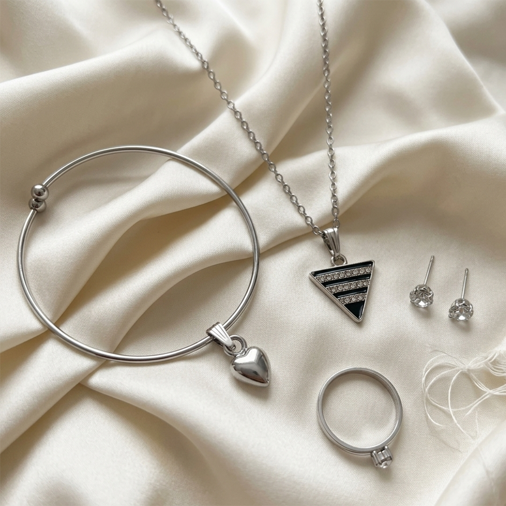 Urthn  Silver Plated Chain Pendant Earrings Rings And Bracelet Jewellery Combo Set (Pack of 6)
