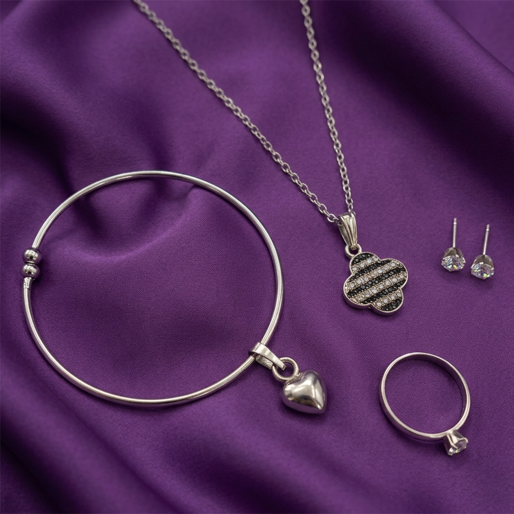 Urthn  Silver Plated Chain Pendant Earrings Rings And Bracelet Jewellery Combo Set (Pack of 6)