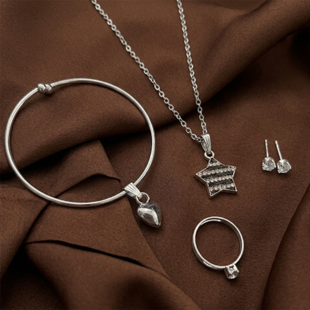Urthn  Silver Plated Chain Pendant Earrings Rings And Bracelet Jewellery Combo Set (Pack of 6)