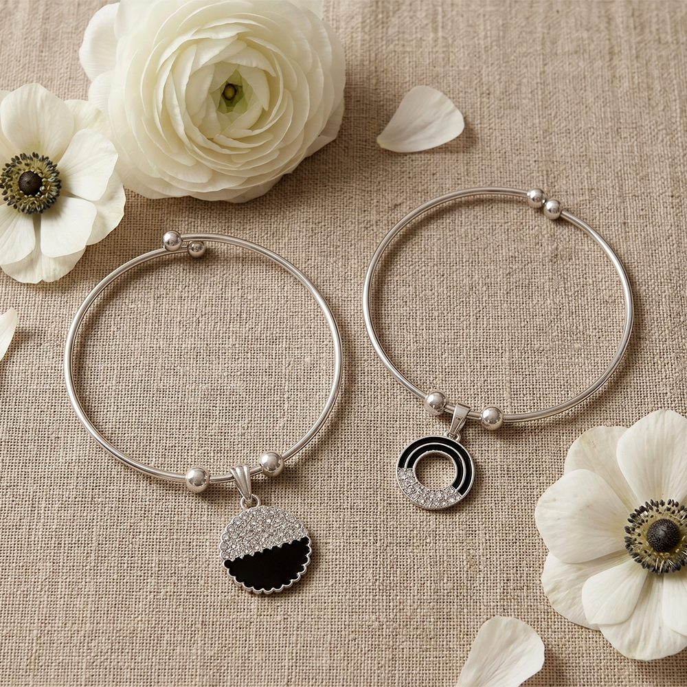 Urthn Silver Plated Elegant Austrian Stone Openable Bracelet For Women & Girls (Set of 6)