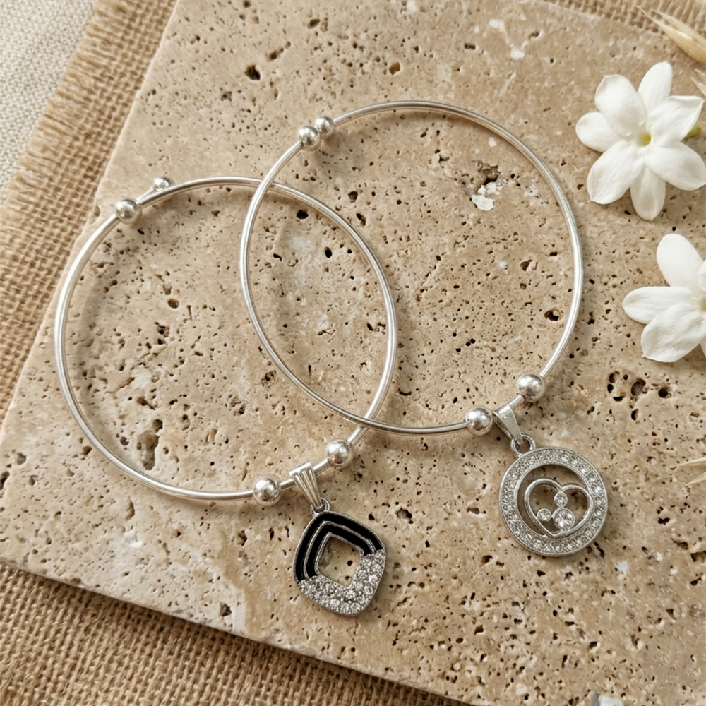 Urthn Silver Plated Elegant Austrian Stone Openable Bracelet For Women & Girls (Set of 6)