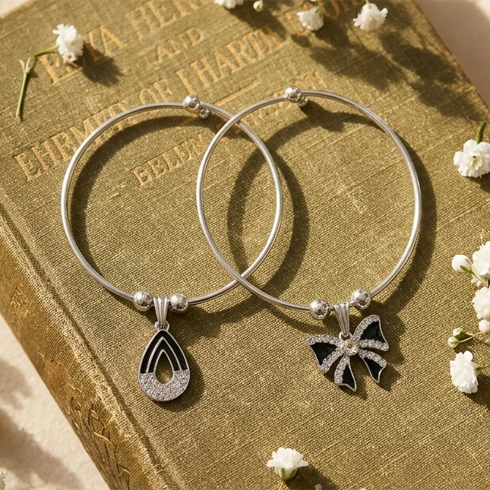 Urthn Silver Plated Elegant Austrian Stone Openable Bracelet For Women & Girls (Set of 6)