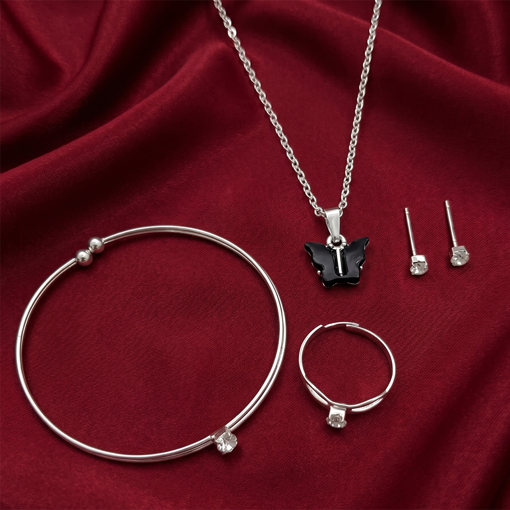 Urthn Silver Plated Chain Pendant Earrings Rings And Bracelet Jewellery Combo Set