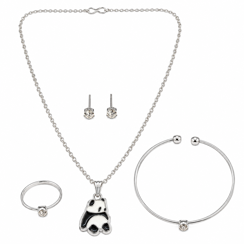 Urthn Silver Plated Panda Shape Chain Pendant with Adjustable Bracelet and Finger Ring for Women(Pack Of 12)