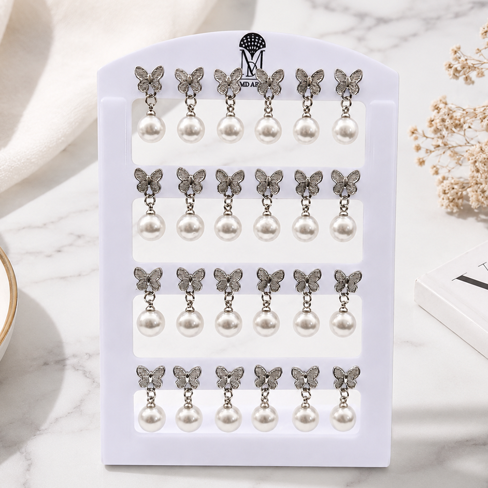 Urthn Elegant Butterfly And Pearl Set Of 12 Studs Earrings Combo for Party Wear