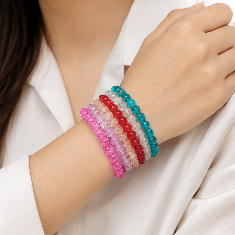 Urthn Colorful Crackle Glass Beads Bracelet  For Women & Girls (Assorted Color) (Set of 12)