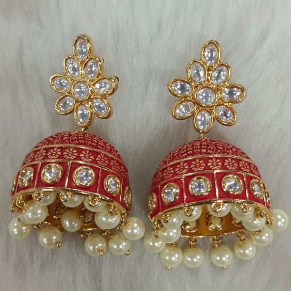 Tarangavi Gold Plated Polki Kundan Stone And Meenakari Jhumki  Earrings
