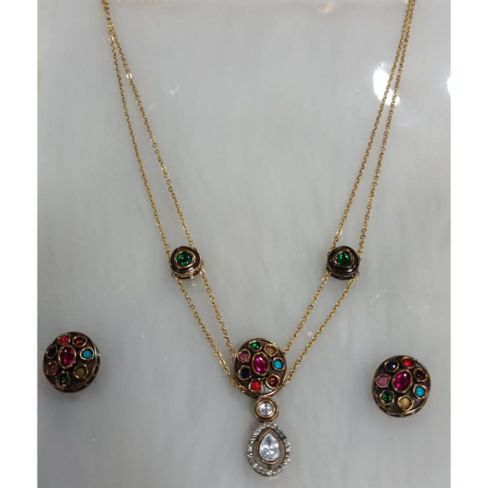 Tarangavi Copper Gold Plated Classic Pota Stone And Polki Kundan Necklace Set
