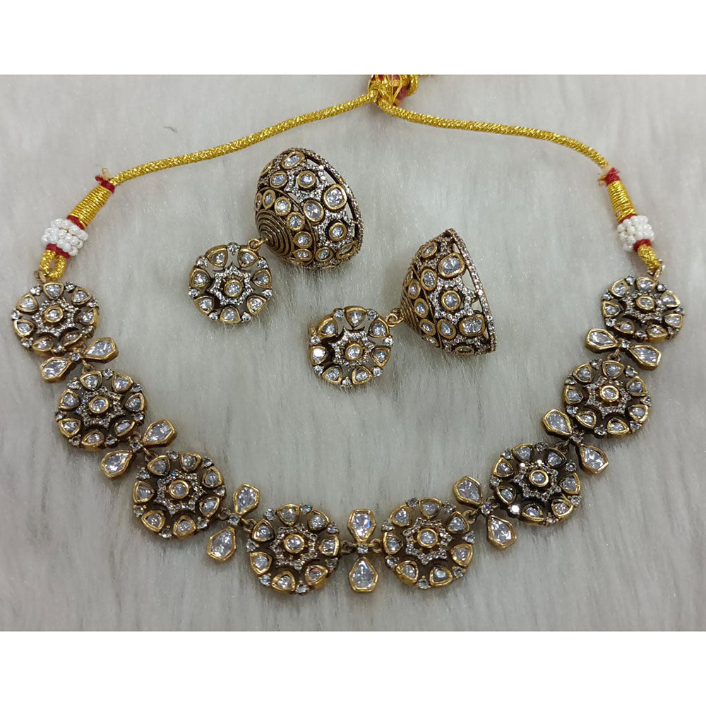 Tarangavi Copper Gold Plated Royal Polki Kundan Stone Necklace Set