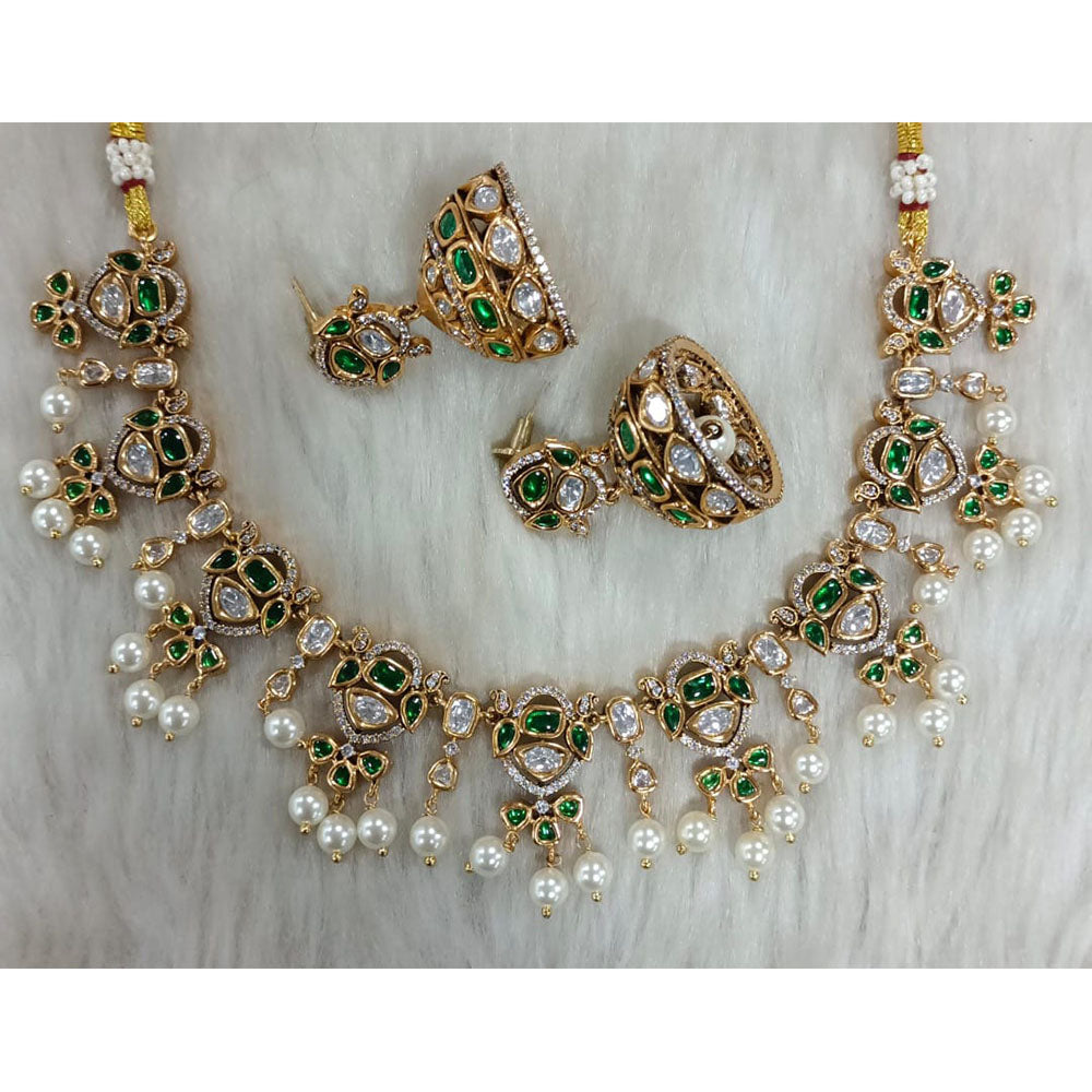 Tarangavi Copper Gold Plated Royal Polki Kundan Stone And Beads Necklace Set