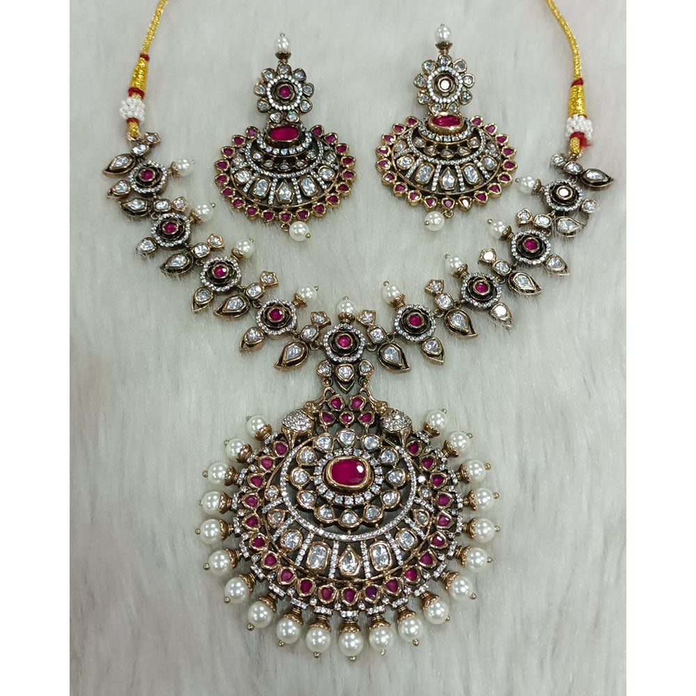 Tarangavi Copper Gold Plated Royal Polki Kundan Stone And Beads Necklace Set
