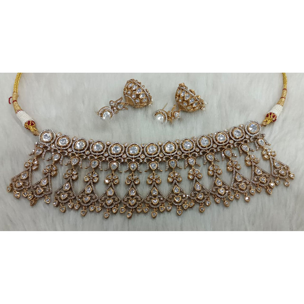 Tarangavi Copper Gold Plated Royal Polki Kundan Stone Necklace Set