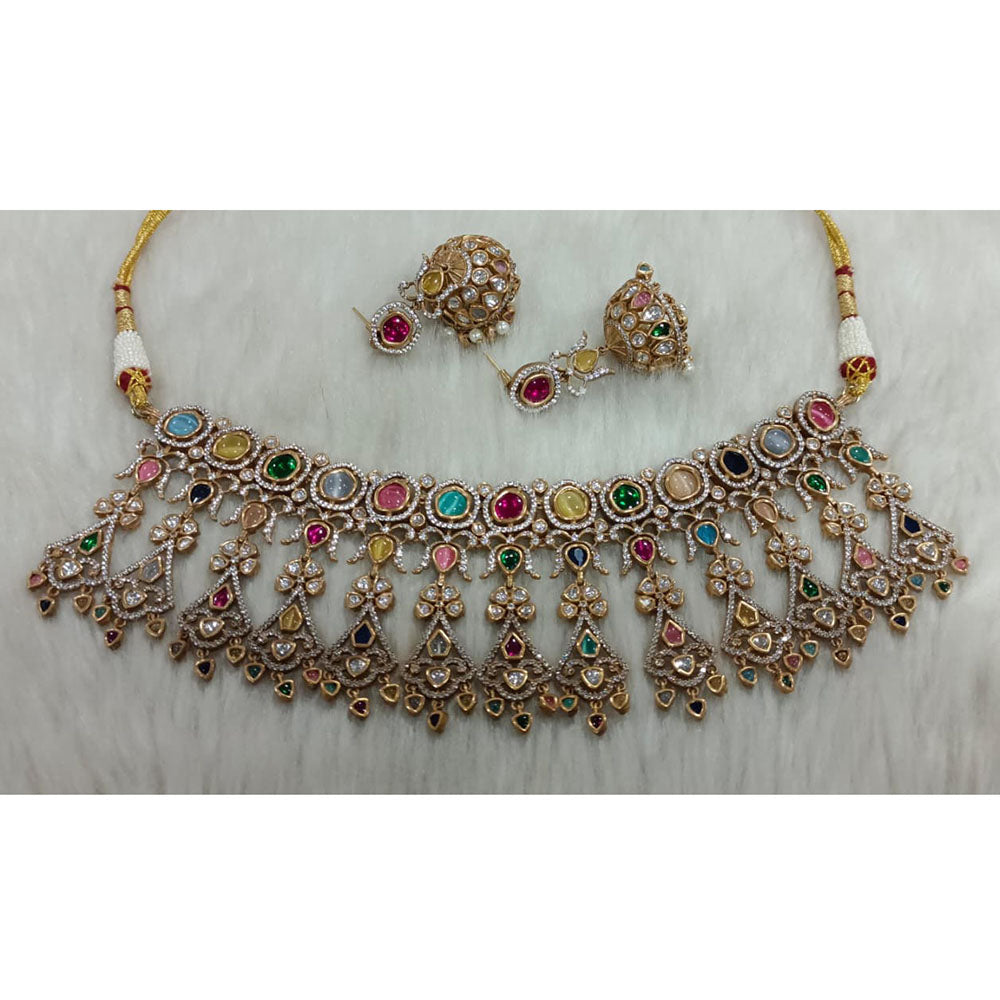 Tarangavi Copper Gold Plated Royal Polki Kundan Stone Necklace Set