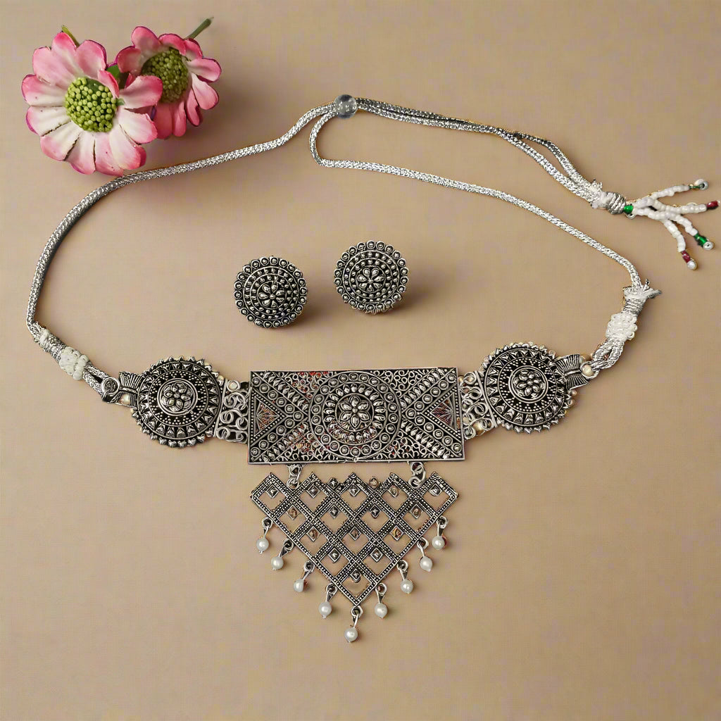 Darshana Jewels Oxidised Plated Choker Necklace Set
