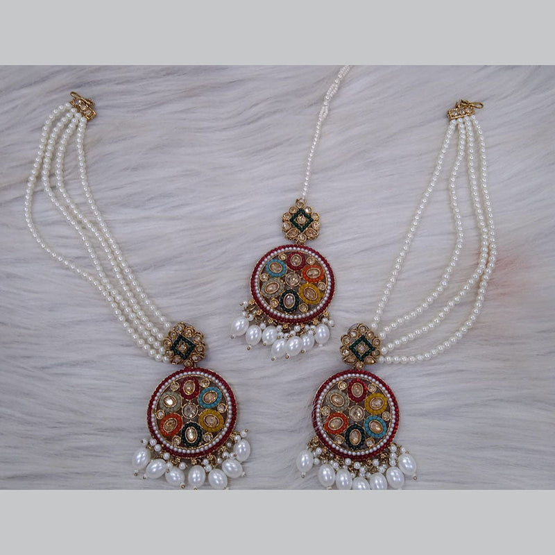 Om Creation Gold Plated Crystal Stone And Pearls Kan Chain Jhumki