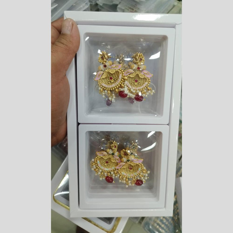 Om Creations Gold Plated Pota And Pearl Meenakari Dangler Earrings