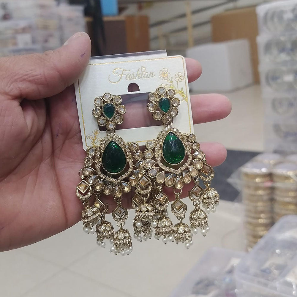 Om Creations Crystal Stone and Pearl Dangler Jhumki Earrings