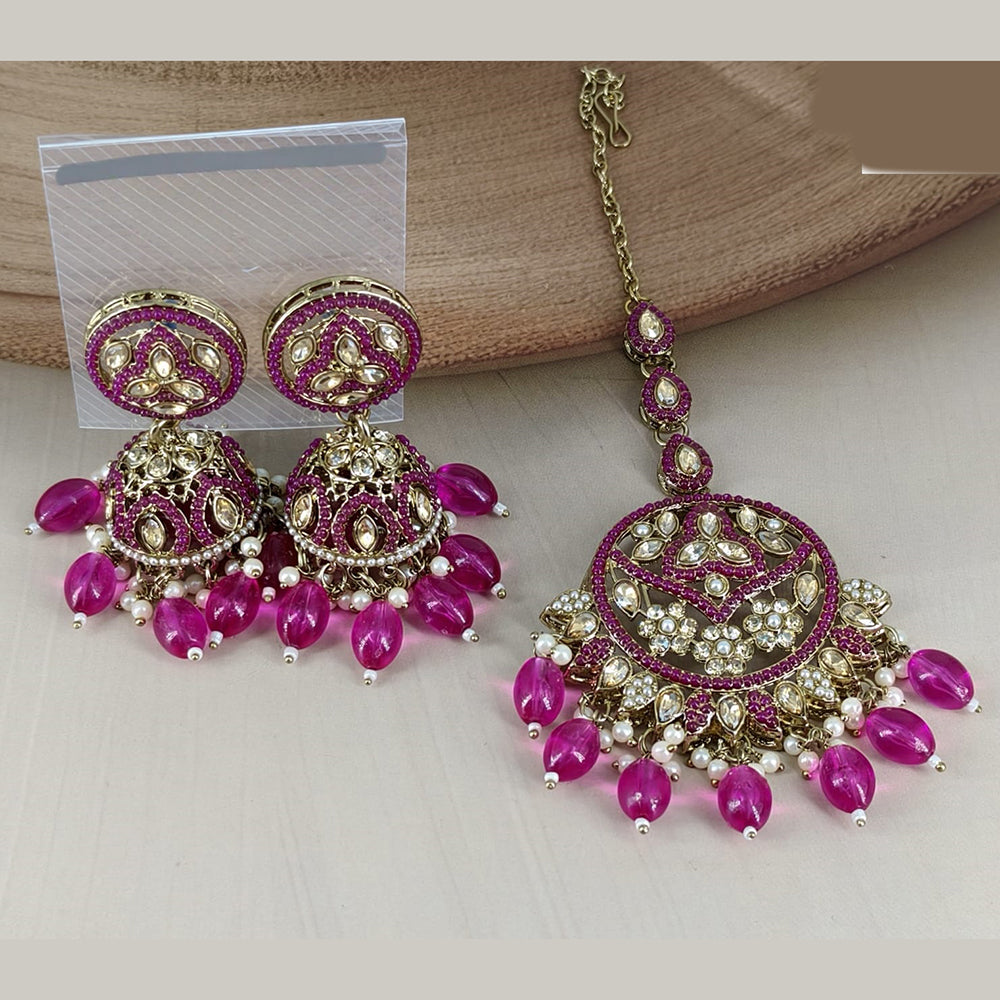 Corbeda Fashion Gold Plated Elegant Stone And Beads Jhumki Earrings With Maangtikka