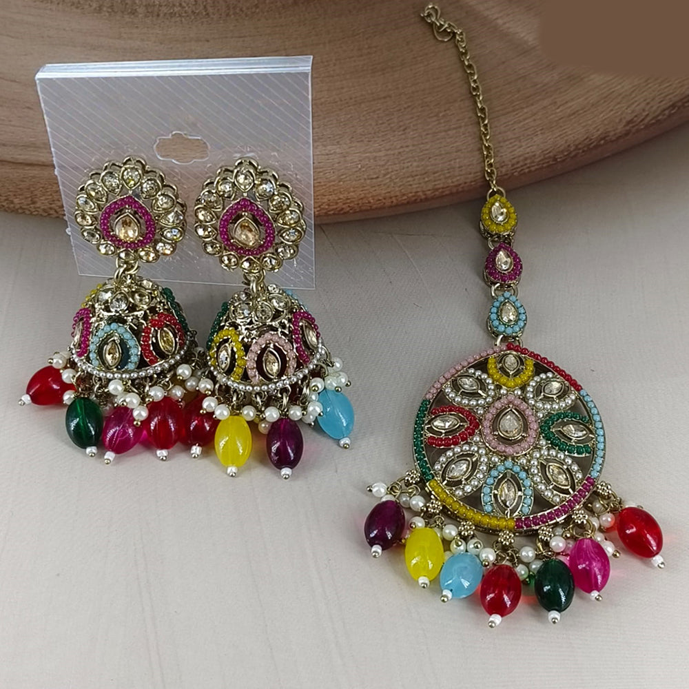 Corbeda Fashion Gold Plated Elegant Stone And Beads Jhumki Earrings With Maangtikka