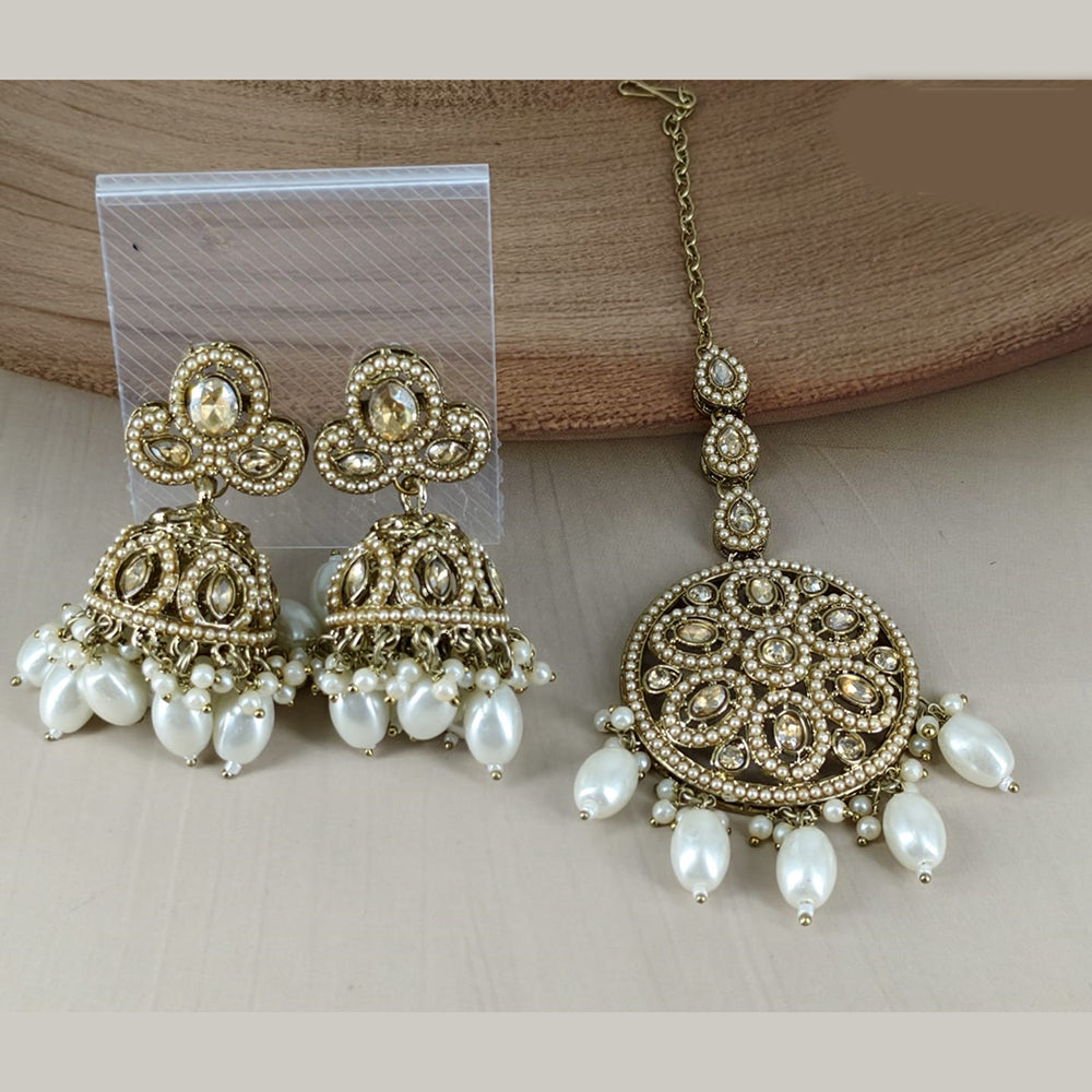 Corbeda Fashion Gold Plated Elegant Stone And Beads Jhumki Earrings With Maangtikka