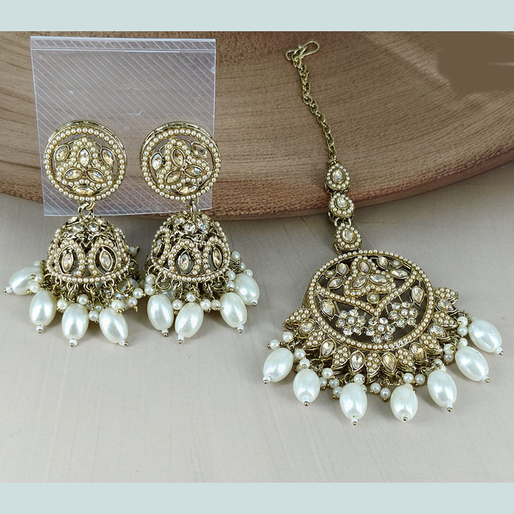Corbeda Fashion Gold Plated Elegant Stone And Beads Jhumki Earrings With Maangtikka