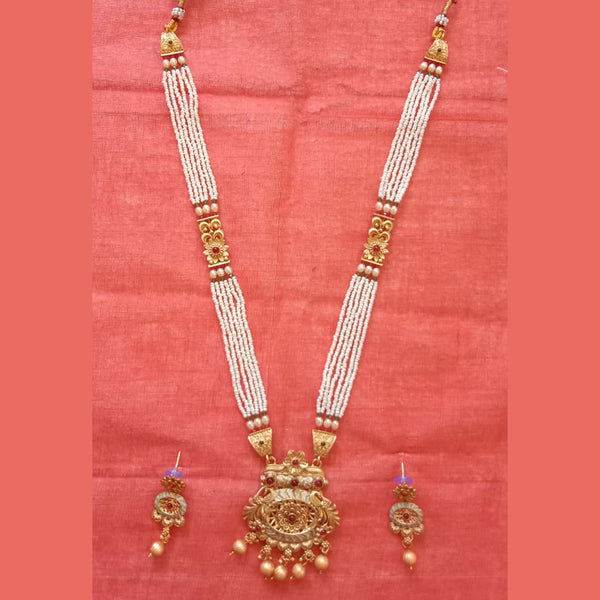 Neetu Art Gold Plated Pota Stone And Pearl Long Necklace Set