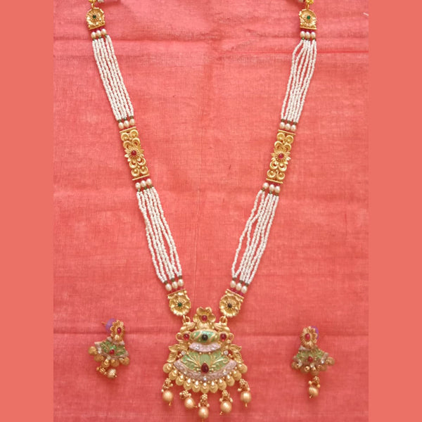 Neetu Art Gold Plated Pota Stone And Pearl Long Necklace Set