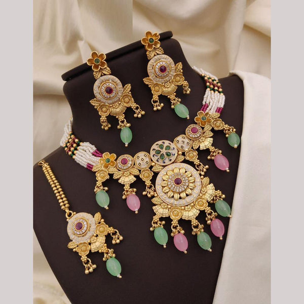 Neetu Art Gold Plated Pota Stone And Meenakari Pearls Necklace Set