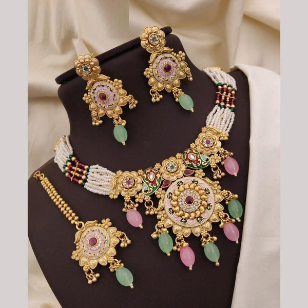 Neetu Art Gold Plated Pota Stone And Meenakari Pearls Necklace Set