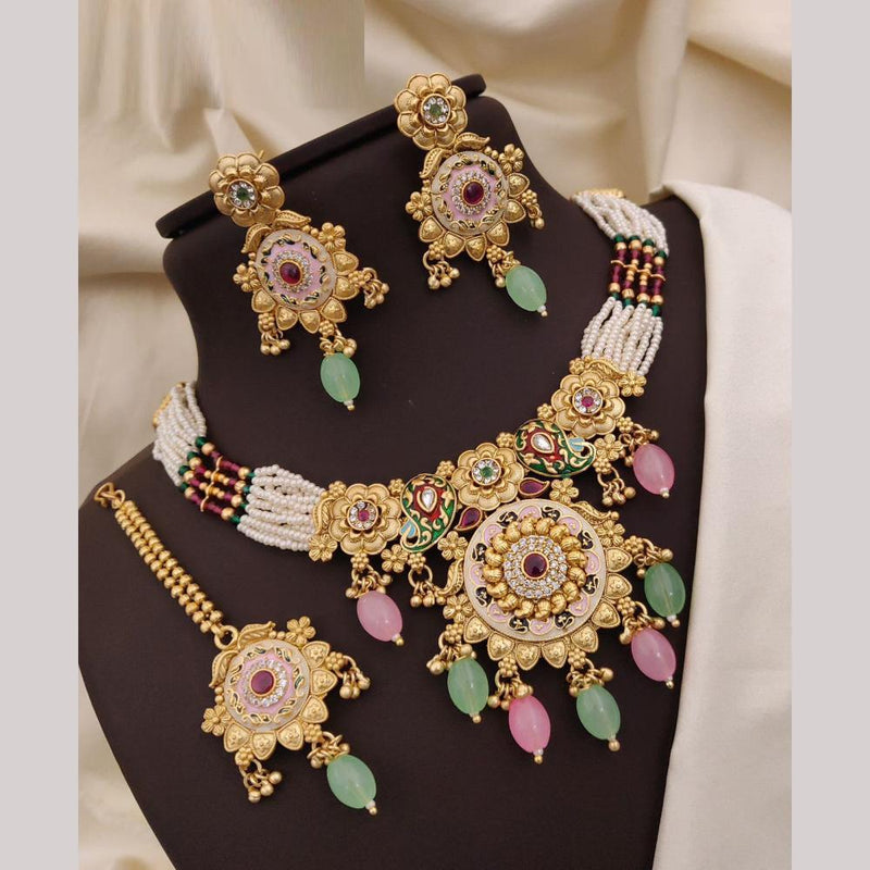 Neetu Art Gold Plated Pota Stone And Meenakari Pearls Necklace Set