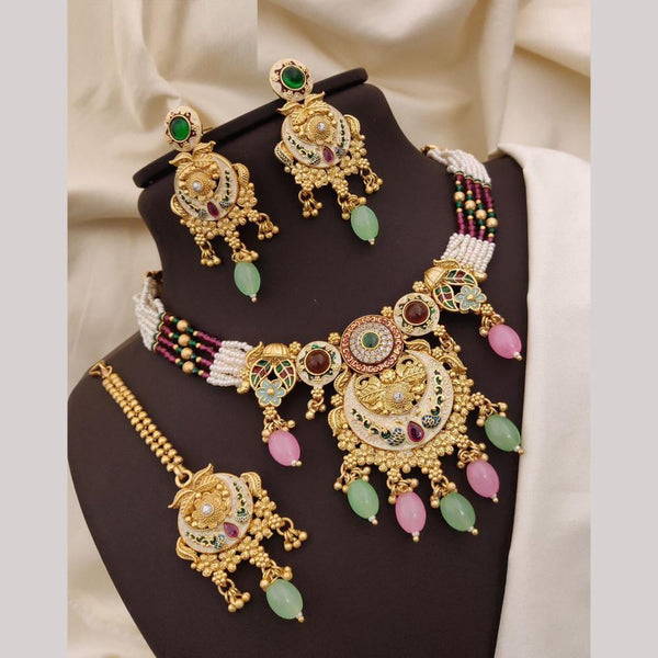 Neetu Art Gold Plated Pota Stone And Meenakari Pearls Necklace Set