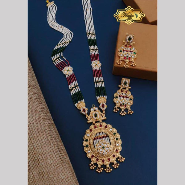 Neetu Art Gold Plated Pota Stone And Pearl Long Necklace Set