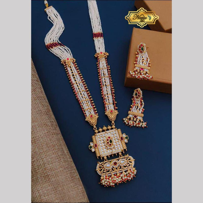 Neetu Art Gold Plated Pota Stone And Pearl Long Necklace Set