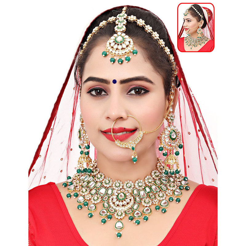 Neetu Art Gold Plated Kundan Stone And Beads Semi Bridal Necklace Set