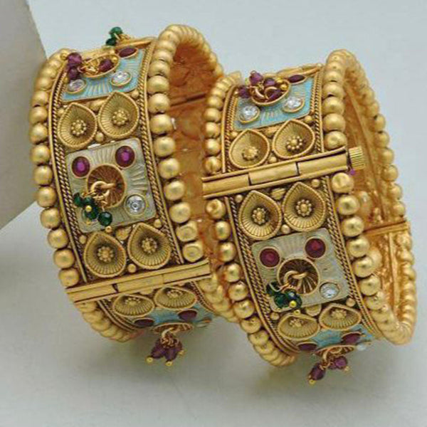 Neetu Art Gold Plated Crystal Stone And Pearls Meenakari Openable Bangles Set