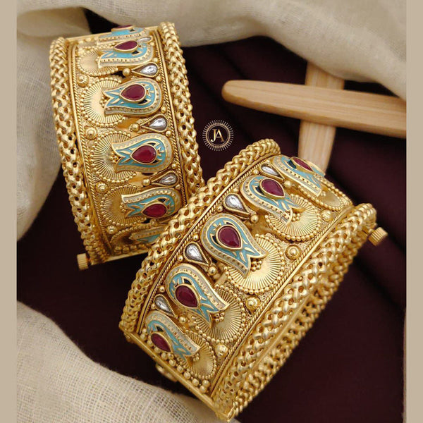 Neetu Art Gold Plated Pota Stone And Pearls Meenakari Openable Bangles Set